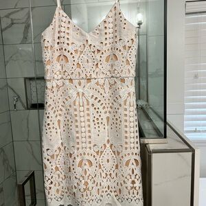 Lulu's White and Tan Lace Mini Dress